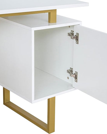 Techni Mobili Storage Drawers and Cabinet 51.25” W-Modern Office Large Floating Desktop Surface Desk, 23.6" D x 51.2" W x 29.8" H, White/Gold - LeafyLoom