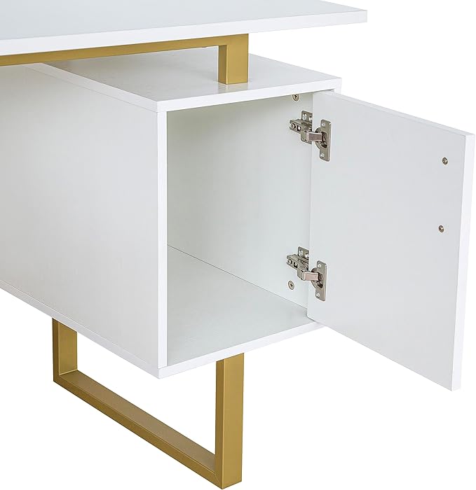 Techni Mobili Storage Drawers and Cabinet 51.25” W-Modern Office Large Floating Desktop Surface Desk, 23.6" D x 51.2" W x 29.8" H, White/Gold - LeafyLoom