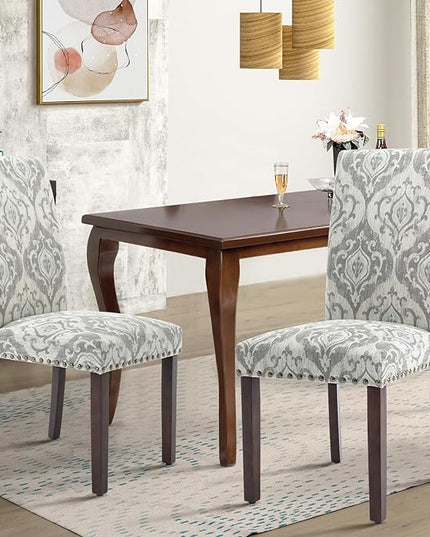 COLAMY Upholstered Parsons Dining Chairs Set of 4, Fabric Dining Room Kitchen Side Chair with Nailhead Trim and Wood Legs - Grey/White Flower - LeafyLoom