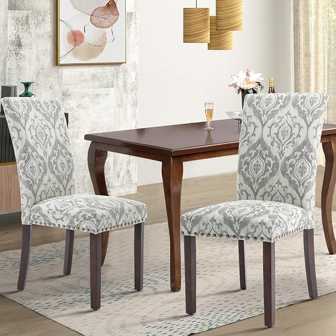 COLAMY Upholstered Parsons Dining Chairs Set of 4, Fabric Dining Room Kitchen Side Chair with Nailhead Trim and Wood Legs - Grey/White Flower - LeafyLoom