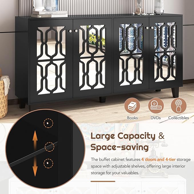 Merax Buffet Cabinet with Adjustable Shelves, 4-Door Mirror Hollow-Carved TV Stand for Television Up to 65 inches, Multi-Functional Console Table with Storage Credenza for Living Room, Black - LeafyLoom