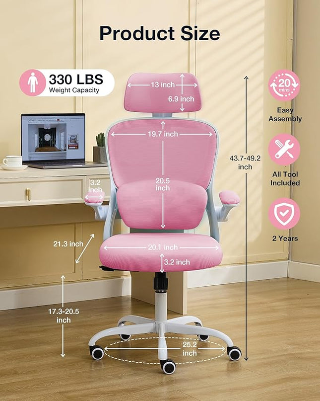 Ergonomic Office Chair with Tilt-Lock, Home Office Desk Chair with Auto Lumbar Support, High Back Mesh Desk Chair with Adjustable Headrest, Swivel Task Chair or Study Room Bedroom,Pink - LeafyLoom