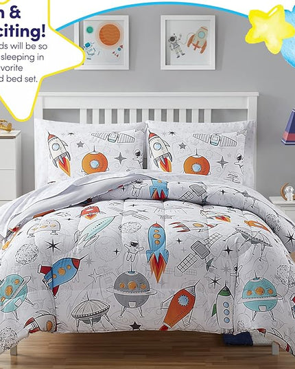 Kids Bedding Set Bed in a Bag for Boys and Girls Toddlers Printed Sheet Set and Comforter , Twin, Floating in Space - LeafyLoom