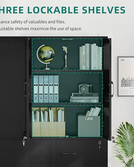 YITAHOME Wood File Cabinets, Heavy Duty Garage Tool Cabinets with Doors & Adjustable Shelves, Big Storage Filing Lockers for Home Office, Living Room, Pantry, Gym, Basement, Warehouse, Black - LeafyLoom