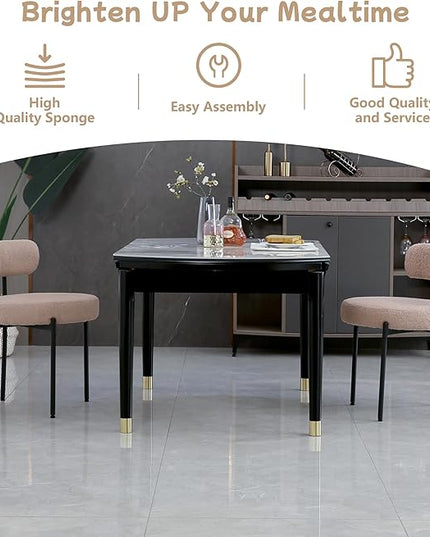 Light Brown Dining Chairs Set of 2 Round Upholstered Boucle Dining Room Chairs Mid-Century Modern Kitchen Chairs Curved Backrest Chairs for Dining Room Black Metal Legs - LeafyLoom