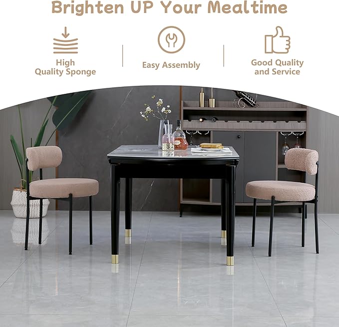 Light Brown Dining Chairs Set of 2 Round Upholstered Boucle Dining Room Chairs Mid-Century Modern Kitchen Chairs Curved Backrest Chairs for Dining Room Black Metal Legs - LeafyLoom