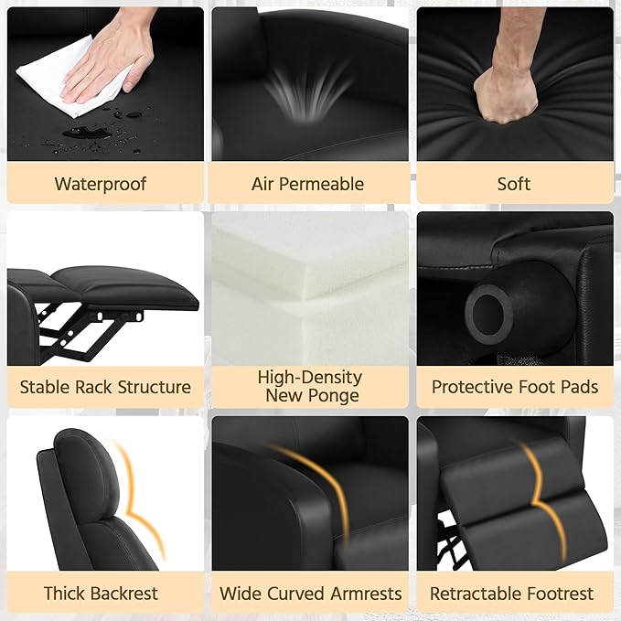 Yaheetech Recliner Chair PU Leather Recliner Sofa Home Theater Seating with Lumbar Support Overstuffed High-Density Sponge Push Back Recliners Armchair for Living Room - LeafyLoom