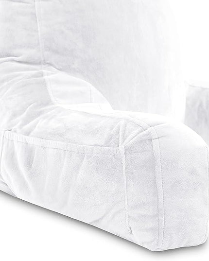 Husband Pillow XXL White Backrest with Arms - Adult Reading Pillow Shredded Memory Foam, Ultra-Comfy Removable Microplush Cover & Detachable Neck Roll, Unmatched Support for Bed Rest Sit Up Pillow - LeafyLoom