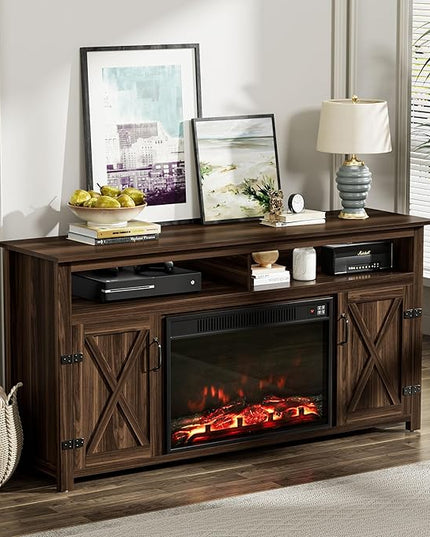 YESHOMY Fireplace TV Stand for Television up to 65+ Inch with Storage and Farmhouse Barn Doors, Entertainment Center with Cabinet and Shelves, Media Console for Living Room, Walnut - LeafyLoom