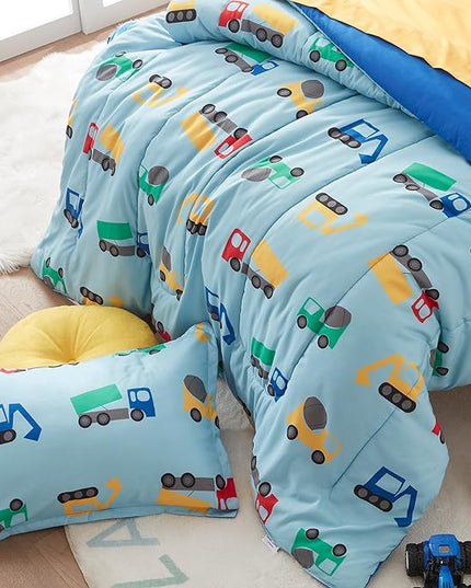 SLEEP ZONE Kids Bedding Comforter Set Full/Queen Size - Super Cute & Soft Kids Bedding 7 Pieces Set with Comforter, Sheet, Pillowcase & Sham (Construction Truck) - LeafyLoom