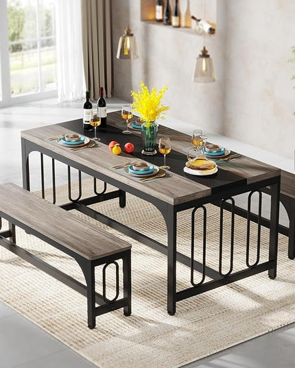 Tribesigns 55 Inch Dining Table Set for 4-6, 3-Piece Kitchen Table with 2 Benches, Space-Saving Dining Room Table Set for Home Kitchen, Restaurant, Grey - LeafyLoom