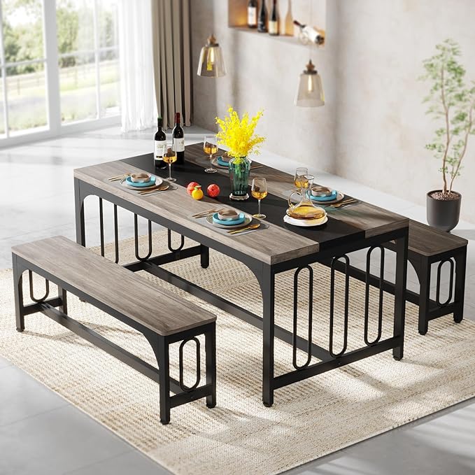 Tribesigns 55 Inch Dining Table Set for 4-6, 3-Piece Kitchen Table with 2 Benches, Space-Saving Dining Room Table Set for Home Kitchen, Restaurant, Grey - LeafyLoom