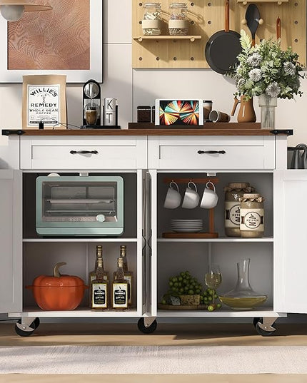 53.5'' Farmhouse Kitchen Island with Power Outlet, Kitchen Storage Island with Drop Leaf, Spice Rack and Drawer, Rolling Kitchen Cart on Wheels for Home, Kitchen and Dining Room, White - LeafyLoom