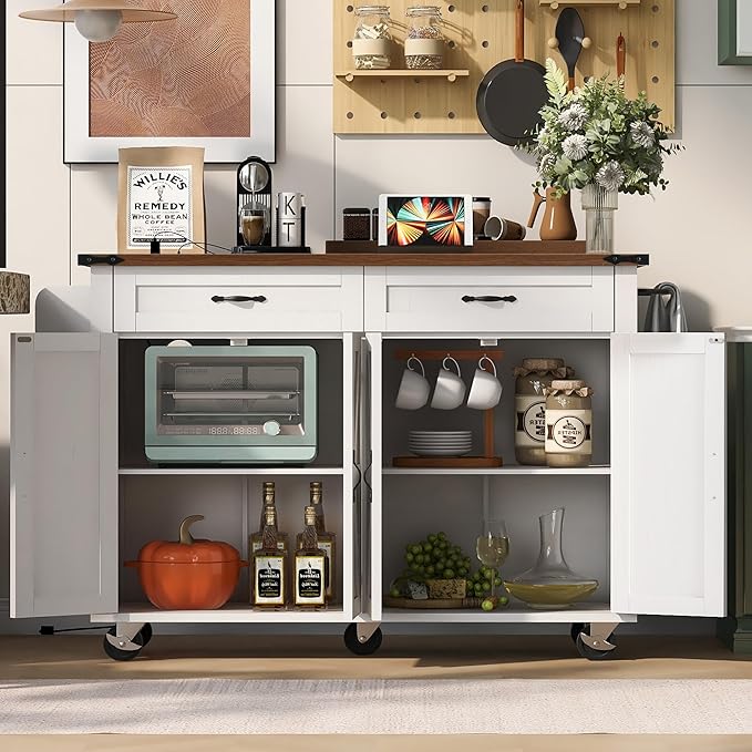 53.5'' Farmhouse Kitchen Island with Power Outlet, Kitchen Storage Island with Drop Leaf, Spice Rack and Drawer, Rolling Kitchen Cart on Wheels for Home, Kitchen and Dining Room, White - LeafyLoom