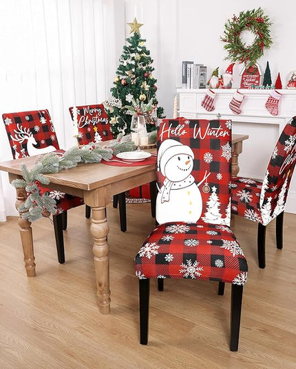 U'Artlines Christmas Chair Covers Set of 6, Removable Washable Merry Christmas Dining Chair Seat Covers Stretch Protector Slipcovers for Dining Room Kitchen Holiday Party Decor, Red Buffalo Plaid UArtlines