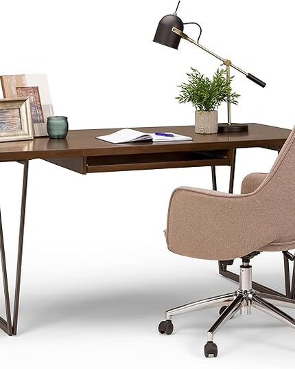 SIMPLIHOME Ryder SOLID WOOD and Metal 66 inch Wide Home Office Desk, Writing Table, Workstation, Study Table Furniture in Natural Aged Brown - LeafyLoom