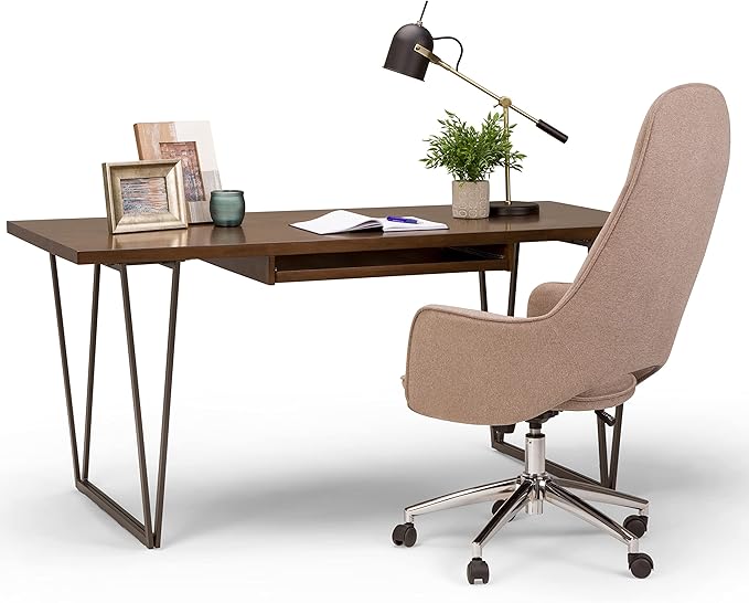 SIMPLIHOME Ryder SOLID WOOD and Metal 66 inch Wide Home Office Desk, Writing Table, Workstation, Study Table Furniture in Natural Aged Brown - LeafyLoom