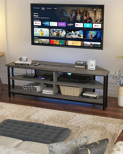 Unikito Corner TV Stand with Power Outlet, Corner Entertainment Center Media TV Console Table with 4 Open Storage Cabinet Shelve Wood TV Stand for Living Room For 55 inch TV, Gray Oak - LeafyLoom