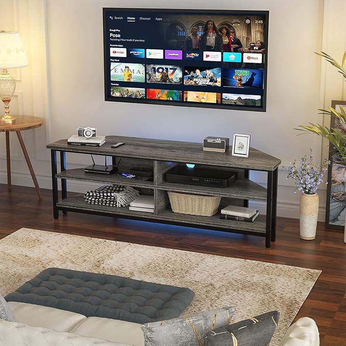 Unikito Corner TV Stand with Power Outlet, Corner Entertainment Center Media TV Console Table with 4 Open Storage Cabinet Shelve Wood TV Stand for Living Room For 55 inch TV, Gray Oak - LeafyLoom