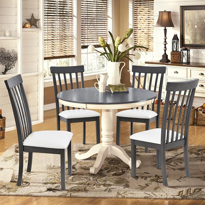 COLAMY Wooden Dining Chairs Set of 2, PU Leather Dining Room Kitchen Side Chair with Spindle High Back and Adjustable Foot Pegs - Grey - LeafyLoom