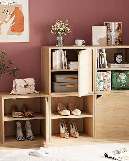 Storage Cube 2 Tires Natural Stackable Storage Shelf with Door, Cubby Organizer Wooden Display Shelf Closet Organizer,Modern Cubical Bookcase Small Storage Cabinet for Living Room Bedroom - LeafyLoom