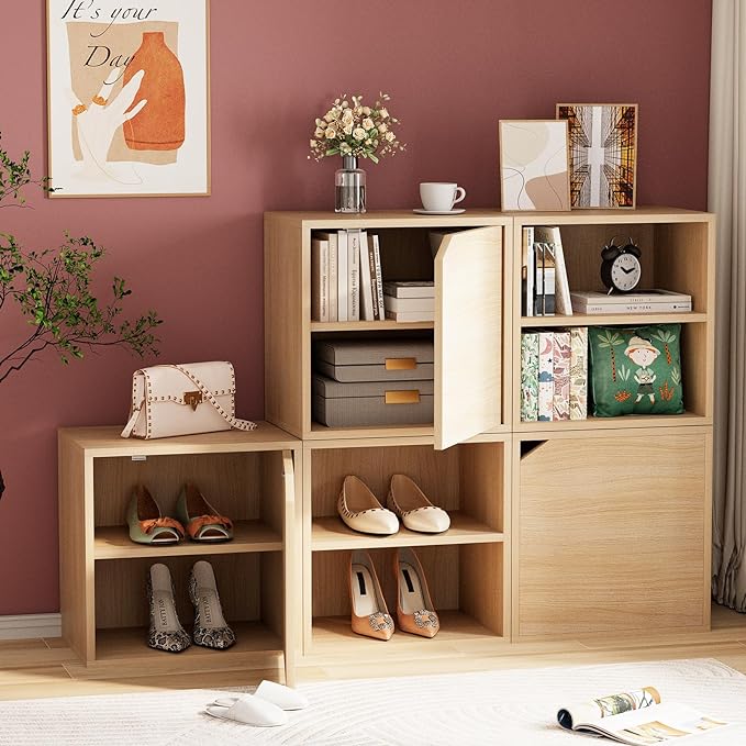 Storage Cube 2 Tires Natural Stackable Storage Shelf with Door, Cubby Organizer Wooden Display Shelf Closet Organizer,Modern Cubical Bookcase Small Storage Cabinet for Living Room Bedroom - LeafyLoom