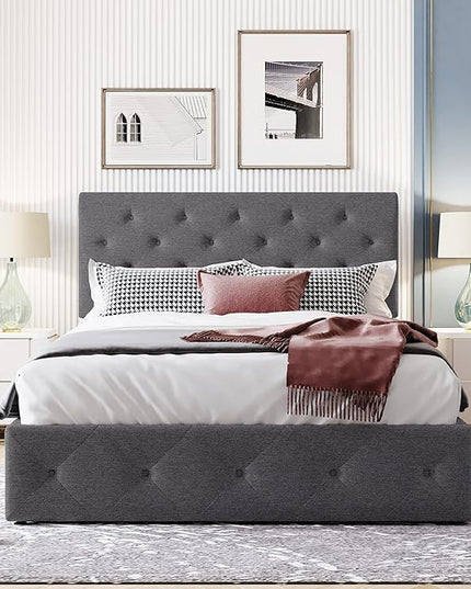 Full Upholstered Platform Hydraulic System, Lift Up Storage Bed Size with Headboard and Button Tufted, Wooden Bedframe for Teens Adults, B-Gray b - LeafyLoom
