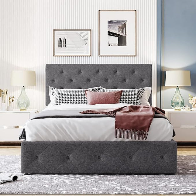 Full Upholstered Platform Hydraulic System, Lift Up Storage Bed Size with Headboard and Button Tufted, Wooden Bedframe for Teens Adults, B-Gray b - LeafyLoom