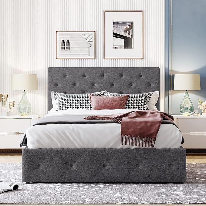 Full Upholstered Platform Hydraulic System, Lift Up Storage Bed Size with Headboard and Button Tufted, Wooden Bedframe for Teens Adults, B-Gray b - LeafyLoom