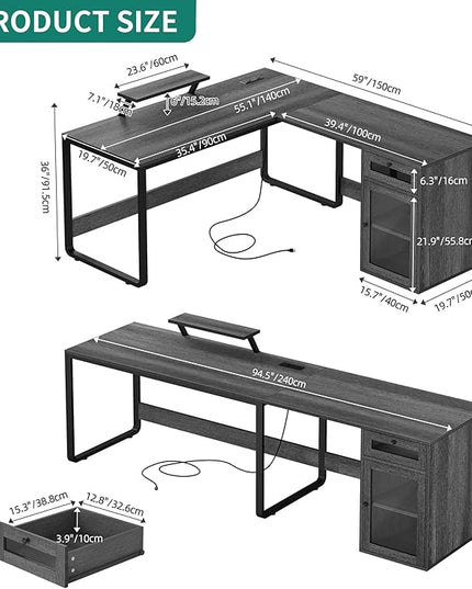 YITAHOME L Shaped Desk with Power Outlets & LED Lights, Reversible Computer Desk with Drawer & File Cabinet, Corner Office Desk with Monitor Stand, L-Shaped Gaming Desk, Grey - LeafyLoom