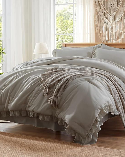Anluoer King Comforter Set 7 Piece, Grey Bed in a Bag with Sheets, All Season Ruffle Shabby Chic Bedding Sets with 1 Comforter, 2 Pillow Shams, 2 Pillowcases, 1 Flat Sheet, 1 Fitted Sheet - LeafyLoom