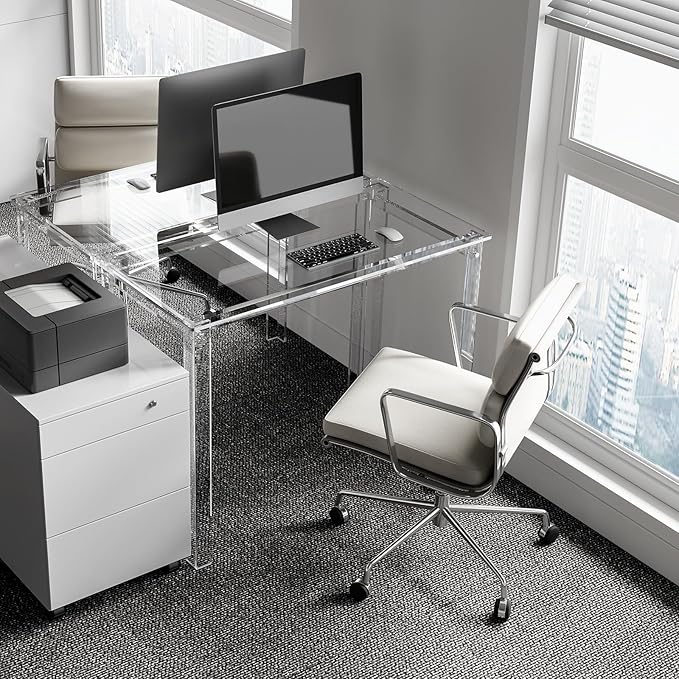 HMYHUM Acrylic Desk, 39.4" L x 19.7" W x 29.5" H, Clear Desk for Home Office for Laptop, Study, Writing, Vanity Table with Rectangular Legs, Modern, Easy Assembly - LeafyLoom