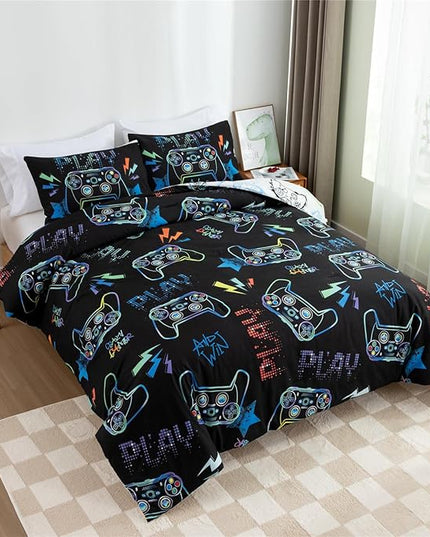 Meeting Story Gamer Gaming Bedding Sets Fluorescence Gamepad Comforter Set for Boys Games Console Action Buttons Novelty Colorful Modern Room Decor Home Quilt Set (Black, Twin) - LeafyLoom