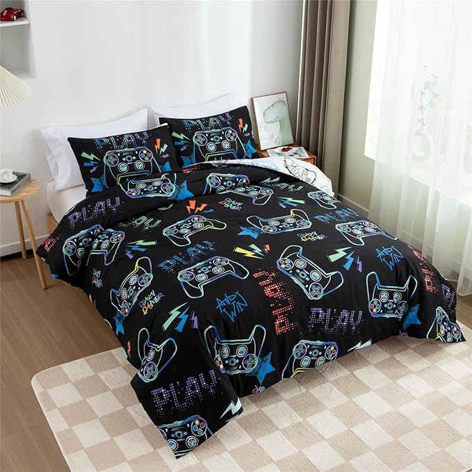 Meeting Story Gamer Gaming Bedding Sets Fluorescence Gamepad Comforter Set for Boys Games Console Action Buttons Novelty Colorful Modern Room Decor Home Quilt Set (Black, Twin) - LeafyLoom