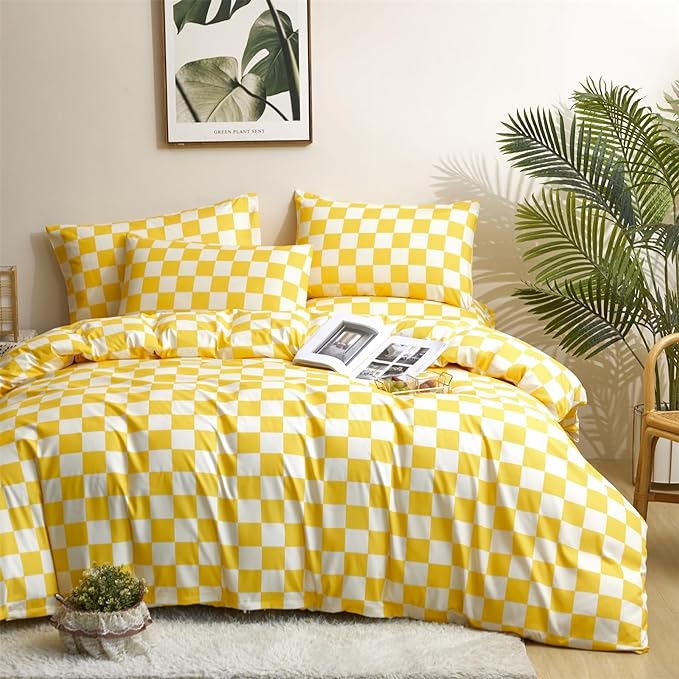 Yellow White Grid Comforter Set Twin Yellow Plaid Bedding Set Girls Yellow and White Checkered Bed Comforter Set Breathable Blanket Set Kids Durable Bedding Comforter Set - LeafyLoom