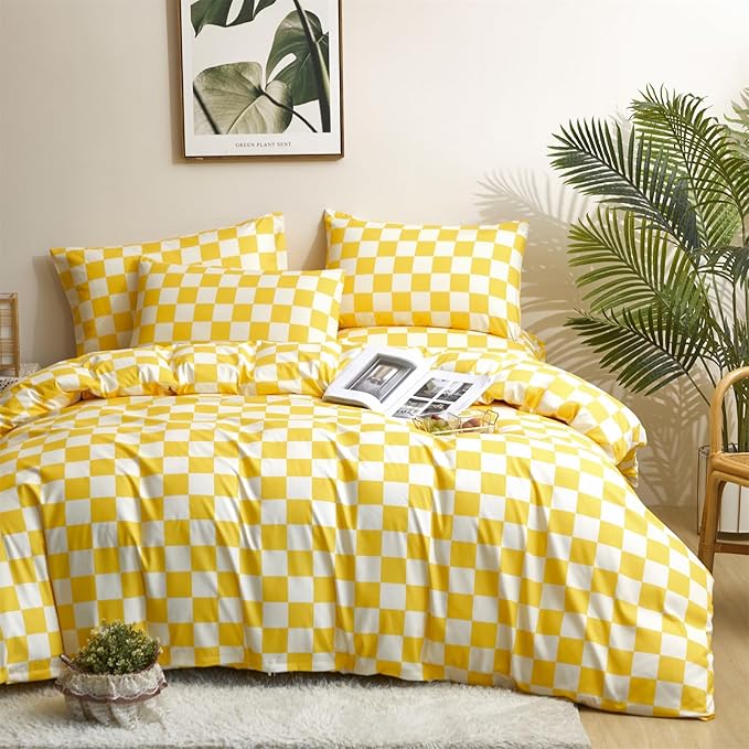 Yellow White Grid Comforter Set Cal King Yellow Plaid Bedding Set Women Yellow and White Checkered Bed Comforter Set Breathable Blanket Set Men Durable Bedding Comforter Set - LeafyLoom