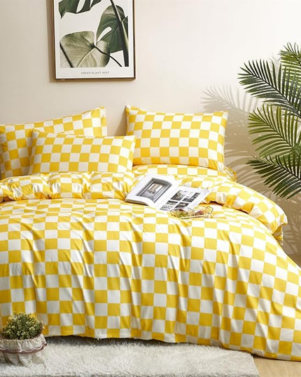 Yellow White Grid Comforter Set Queen Yellow Plaid Bedding Set Women Yellow and White Checkered Bed Comforter Set Breathable Blanket Set Men Durable Bedding Comforter Set - LeafyLoom