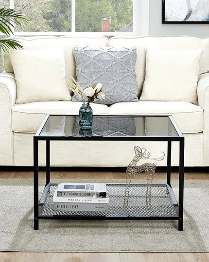 SAYGOER Coffee Table with Storage Modern Glass Coffee Tables Square Industrial Simple Center Table for Living Room Home Office Small Space 27.6 x 27.6 x 17.7 Inches Easy Assembly Gray Black - LeafyLoom