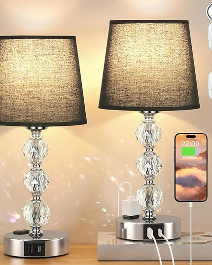 Acaxin Bedside Table Lamps for Bedrooms Set of 2 Nightstand- Crystal Table Lamps with USB C+A Ports & AC Outlet for Charging, 3 Way Dimmable Touch Silver Small Bed Side Table Lamp for Guest Room - LeafyLoom