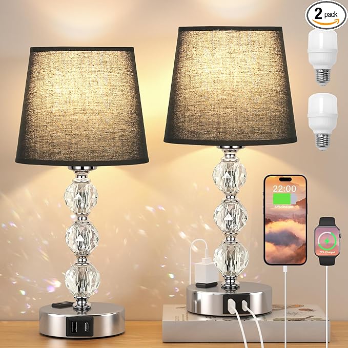 Acaxin Bedside Table Lamps for Bedrooms Set of 2 Nightstand- Crystal Table Lamps with USB C+A Ports & AC Outlet for Charging, 3 Way Dimmable Touch Silver Small Bed Side Table Lamp for Guest Room - LeafyLoom