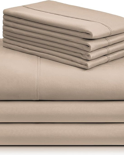 LuxClub 7 PC Split King Sheet Set, Breathable Luxury Bed Sheets, Deep Pockets 18" Eco Friendly Wrinkle Free Cooling Sheets Machine Washable Hotel Bedding Silky Soft - Light Khaki Split King - LeafyLoom