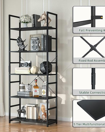 OTK 5 Tier Bookshelf, Tall Bookcase, Office Shelf Storage Organizer, Modern Book Shelf for Living Room, Bedroom, and Home Office, Black - LeafyLoom
