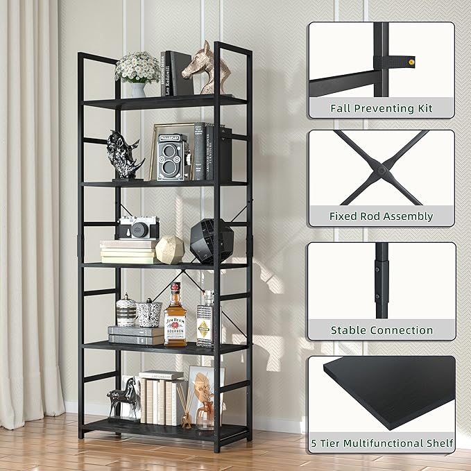 OTK 5 Tier Bookshelf, Tall Bookcase, Office Shelf Storage Organizer, Modern Book Shelf for Living Room, Bedroom, and Home Office, Black - LeafyLoom