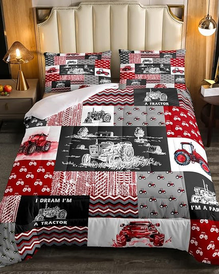 Erosebridal Red Tractor Bedding Set for Boys Queen,Construction Tractor Comforter Set Kids Teens Equipment Trucks Down Comforter Black White Construction Vehicle Quilt Set Bedroom Decor - LeafyLoom