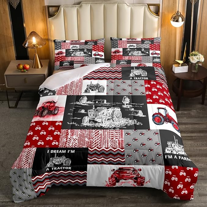Erosebridal Red Tractor Bedding Set for Boys Queen,Construction Tractor Comforter Set Kids Teens Equipment Trucks Down Comforter Black White Construction Vehicle Quilt Set Bedroom Decor - LeafyLoom
