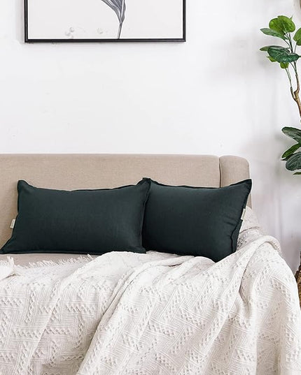 Jeanerlor Natural Cotton Linen Green Decorative 12"x20" Throw Pillow Case Cushion Cover with Twin Needles Stitch on Edge for Lumbar, (30 x 50cm), 2 Pcs, Dark Green - LeafyLoom