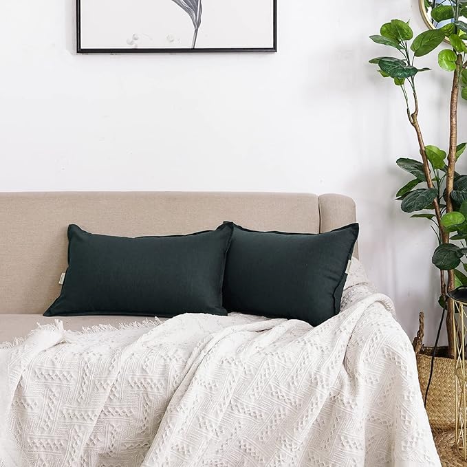 Jeanerlor Natural Cotton Linen Green Decorative 12"x20" Throw Pillow Case Cushion Cover with Twin Needles Stitch on Edge for Lumbar, (30 x 50cm), 2 Pcs, Dark Green - LeafyLoom