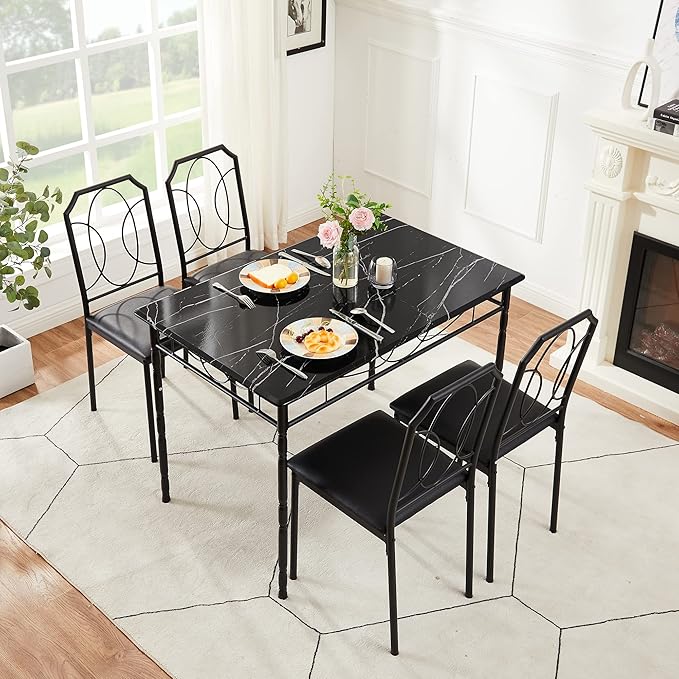 VECELO 5 Pieces Sets,43.3" Table&chairs for 4,Industrial Counter Height Tabletop with Bar Stools, Rectangle Breakfast Chairs, Living Room, Apartment, Dining table for 4, BLack - LeafyLoom