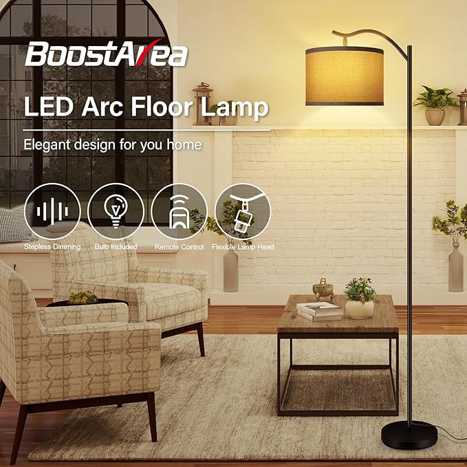 BoostArea Floor Lamp for Living Room,Arc Floor Lamp with Remote Control,Stepless Dimmable Brightness & Colors Temperature 2700k-6500k,Modern Standing Lamp for Bedroom Study Room Office,Grey - LeafyLoom