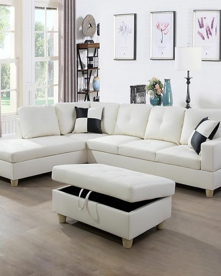 ROOMTEC Button L Shape 3 Piece Sectional Sofa Set, Upholstered Corner Couch with Storage Ottoman, Faux Leather Tufted Cushions, for Living Room, Apartment, 103inch, White w/Left Chaise Lounge - LeafyLoom